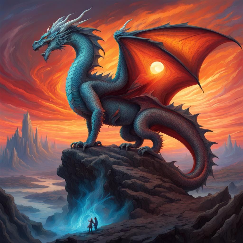 mythical full body dragon over a colorful sunset