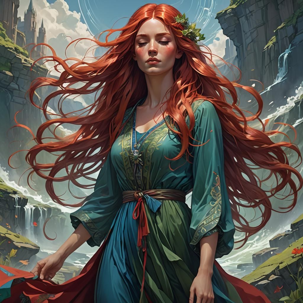 A girl standing in a long blue and red and green dress and a...