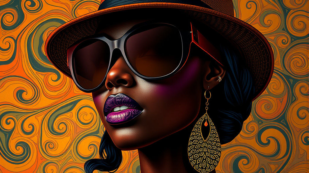 A portrait of an exotic black woman with purple lipstick, we...