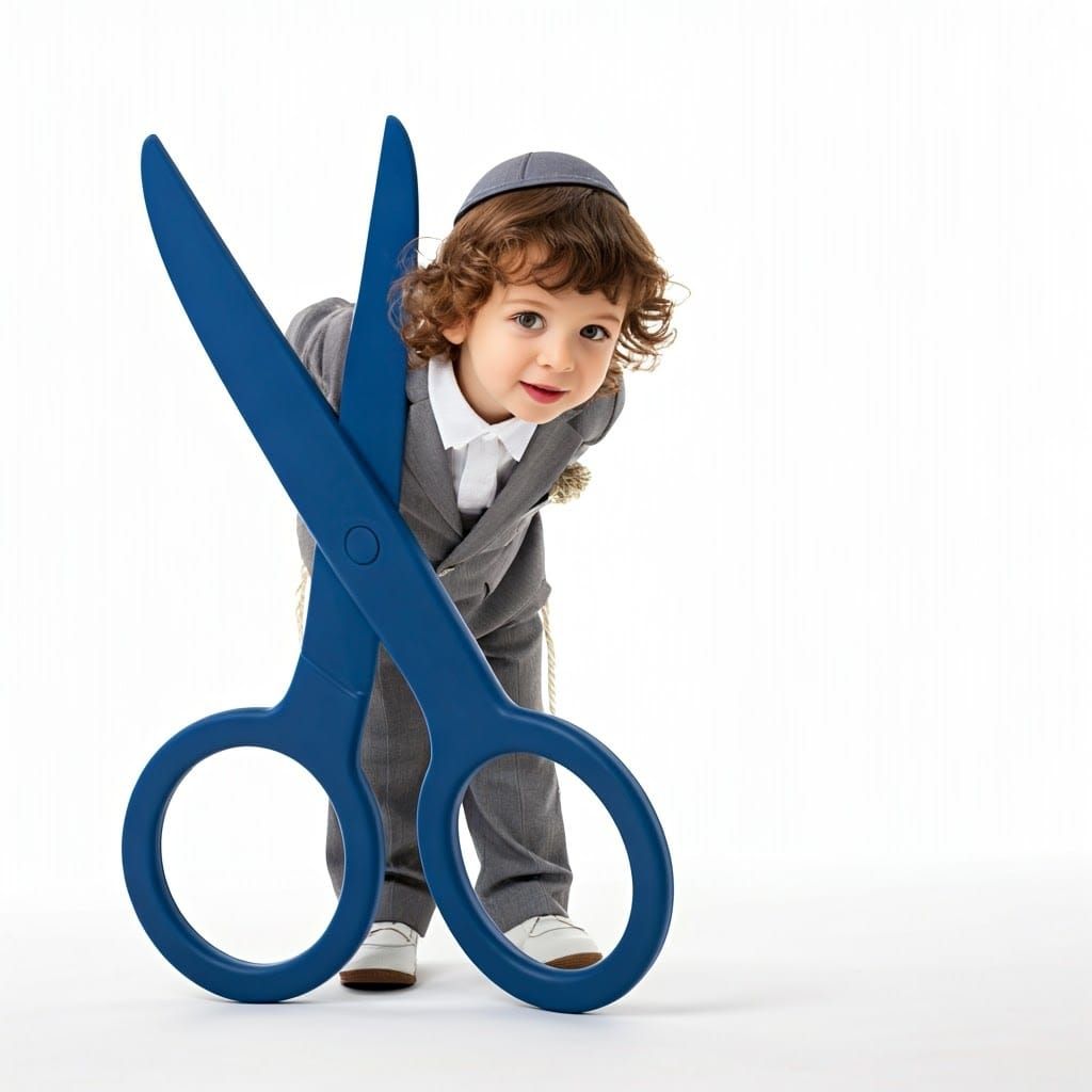 Haredi Boy Peering Through Scissors in Studio Photo