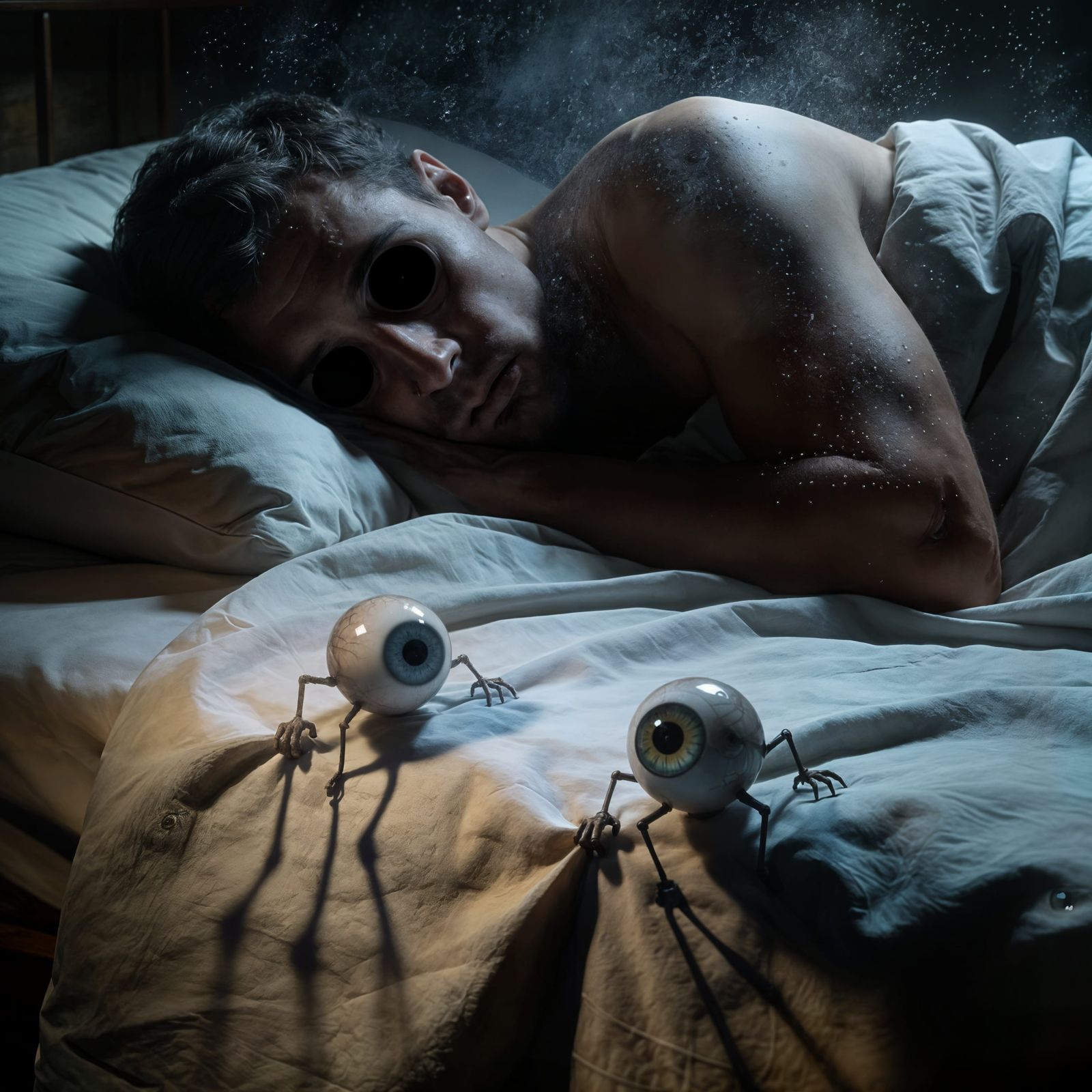 Surreal Nightmare: Man with Empty Eyes and Eyeball Creatures