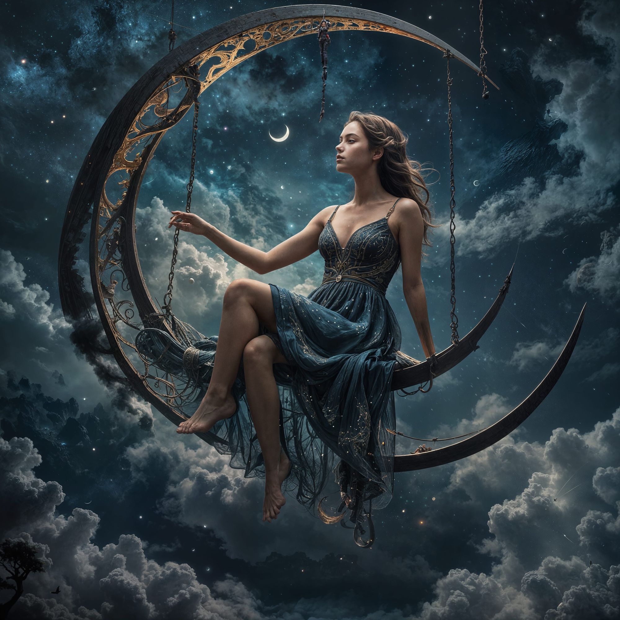 Double exposures, Girl sitting on a swing on a cresent moon, sunset, masterpiece, fine art, by Andreas Lie, Bojan Jevtic and Ashley Wood, sp...