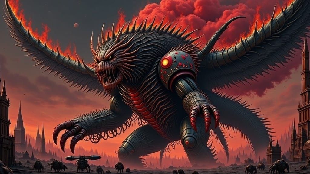 <lora:TheEngineWalks 2p0:1.0>  "(A massive mechanical titan-in-a-wolf-mask floating across the battlefield:1.4) burning-armored Chaos Space-...