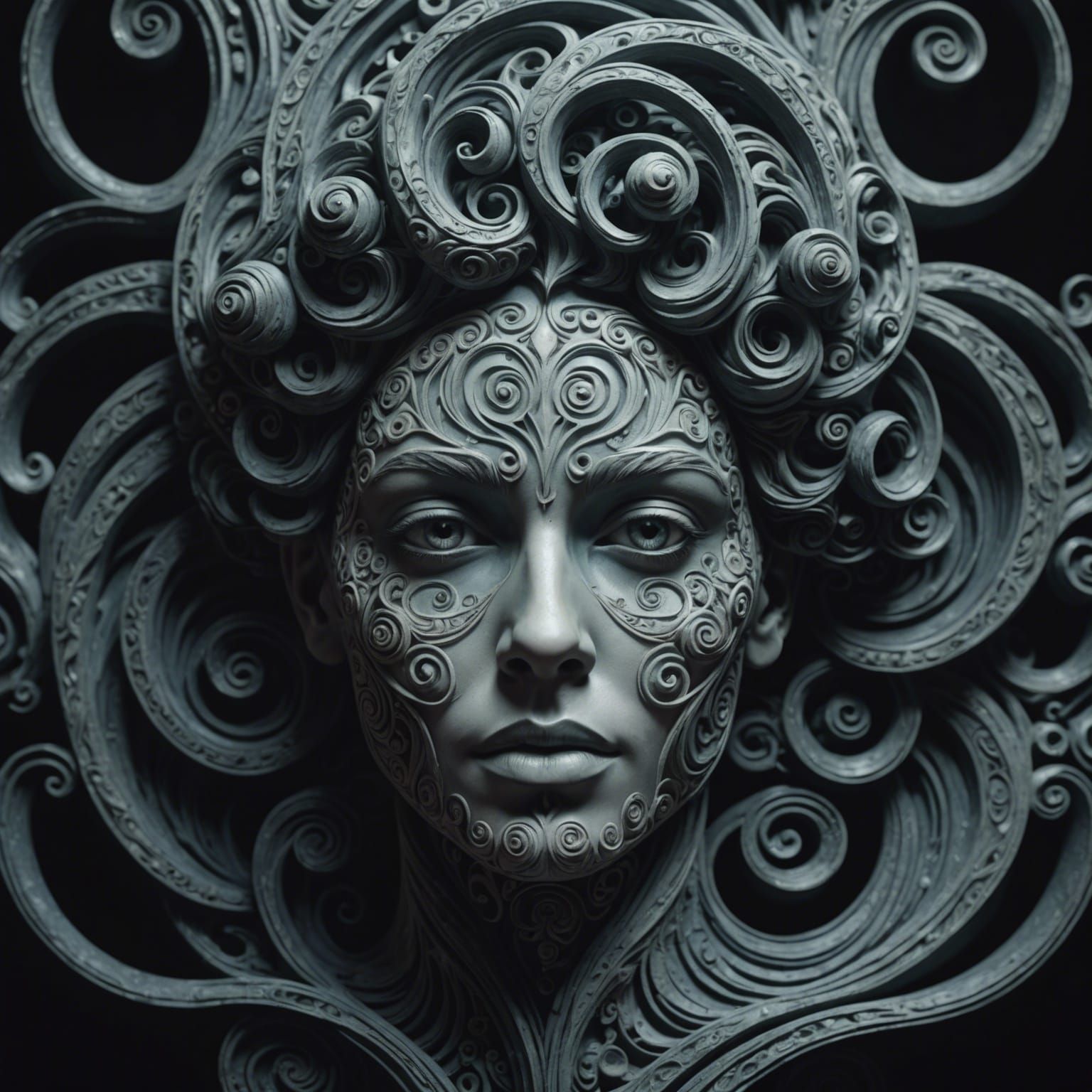 Human Face In Swirly, Ornamental Subtle Colors, Dark Backgro...
