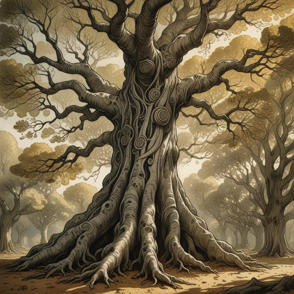 Pencil sketch evolving into a giant, ancient tree, its bark textured like graphite and its leaves made of swirling paper shavings. Roots spr...