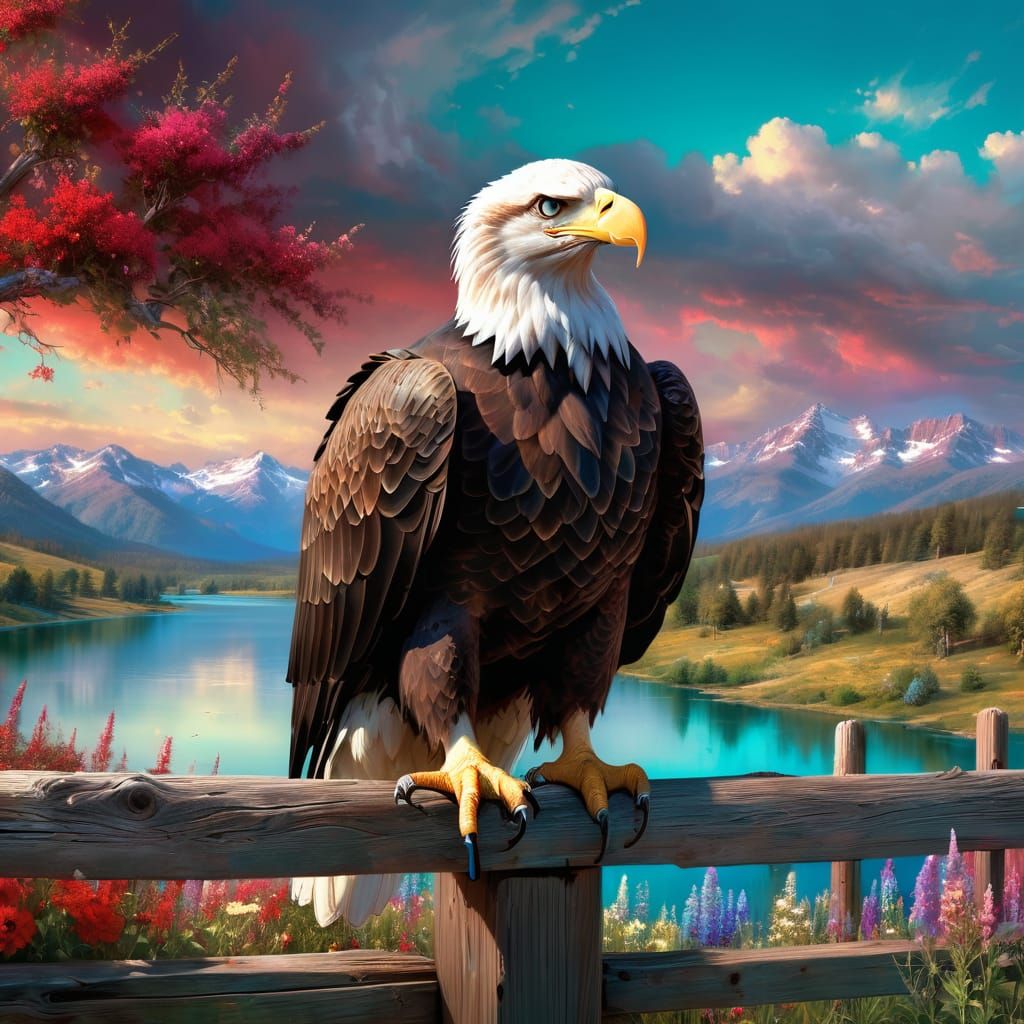 A Majestic Bald Eagle sitting on a rail fence overlooking a large valley
