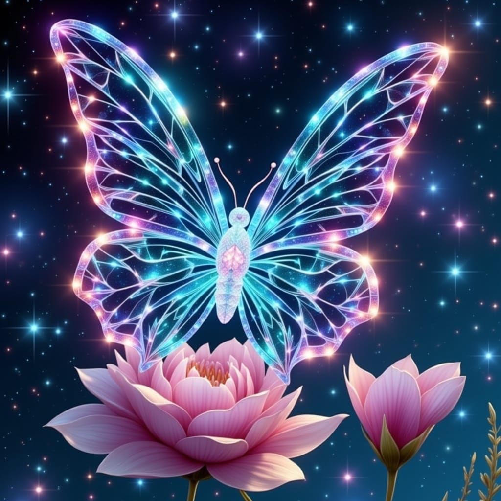 <lora:Broken Glass Flux:1.0> A mesmerizing digital illustration of a luminescent transparent crystal butterfly, intricately designed with gl...