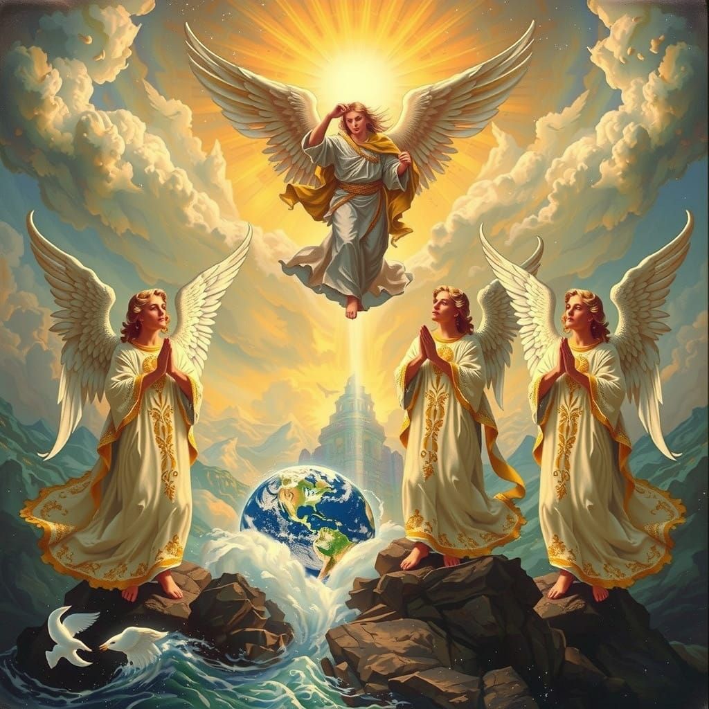 Angels Holding Back the Winds in a Turbulent Dawn Sky