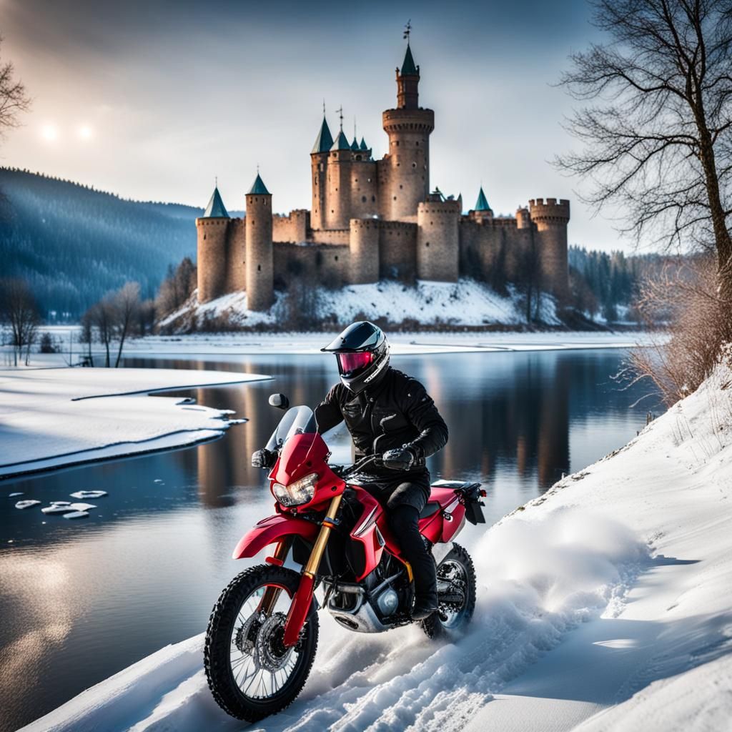a motorcyclist rides near the castle 4