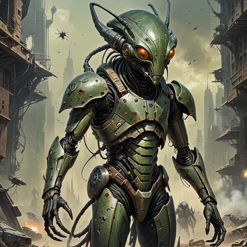dystopian futuristic era sci-fi mercenary medieval anthropom...