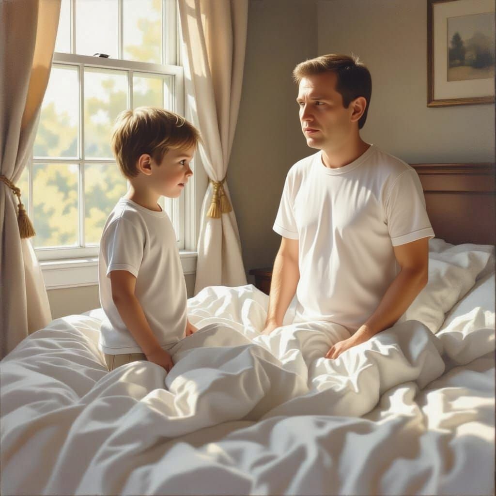 Dad is angry at his son for wetting the bed.