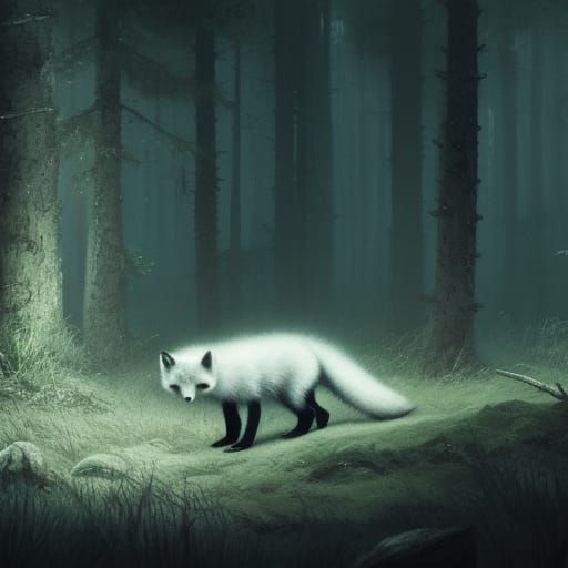 A arctic fox wandering a forest at night