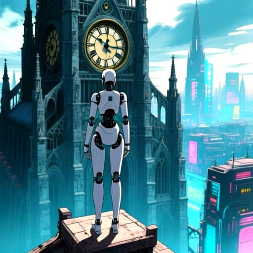 Close up of a solitary figure, a female robot, stands on top of  a colossal, ancient clockwork cathedral overlooking a cyberpunk city, in th...