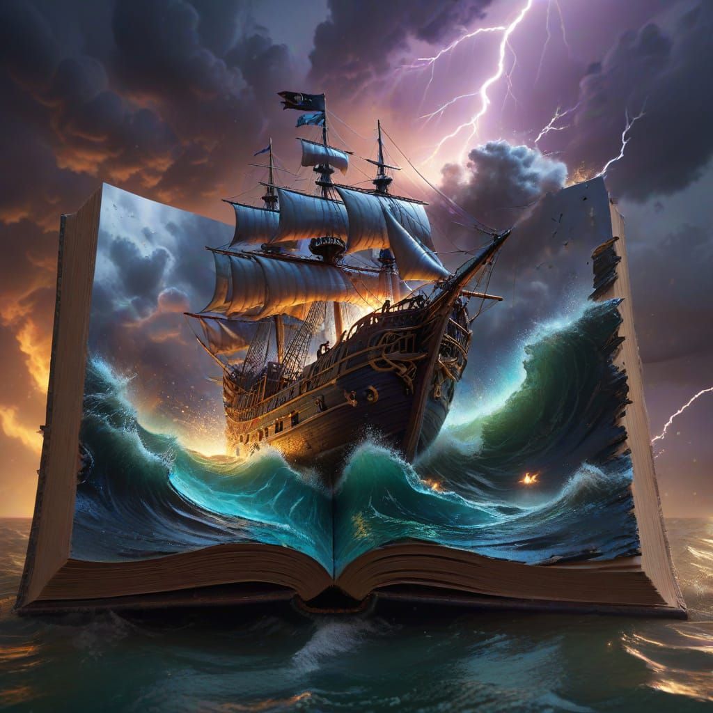inside an open book a storm with lightning rages in which a pirate ship is sinking