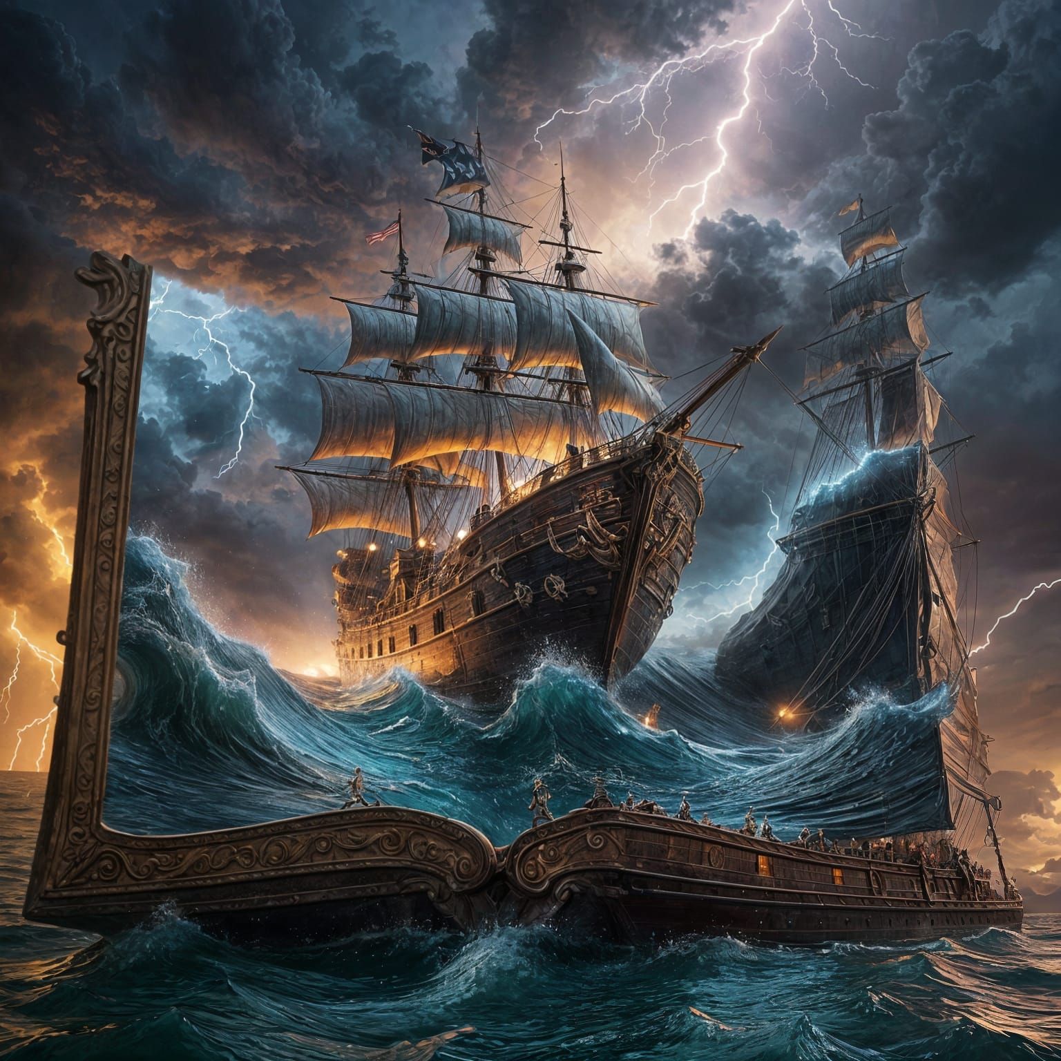 inside an open book a storm with lightning rages in which a pirate ship is sinking  by @Likvi