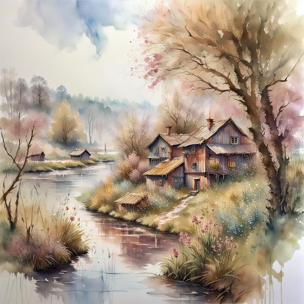 The village of wooden houses by the river on a misty morning