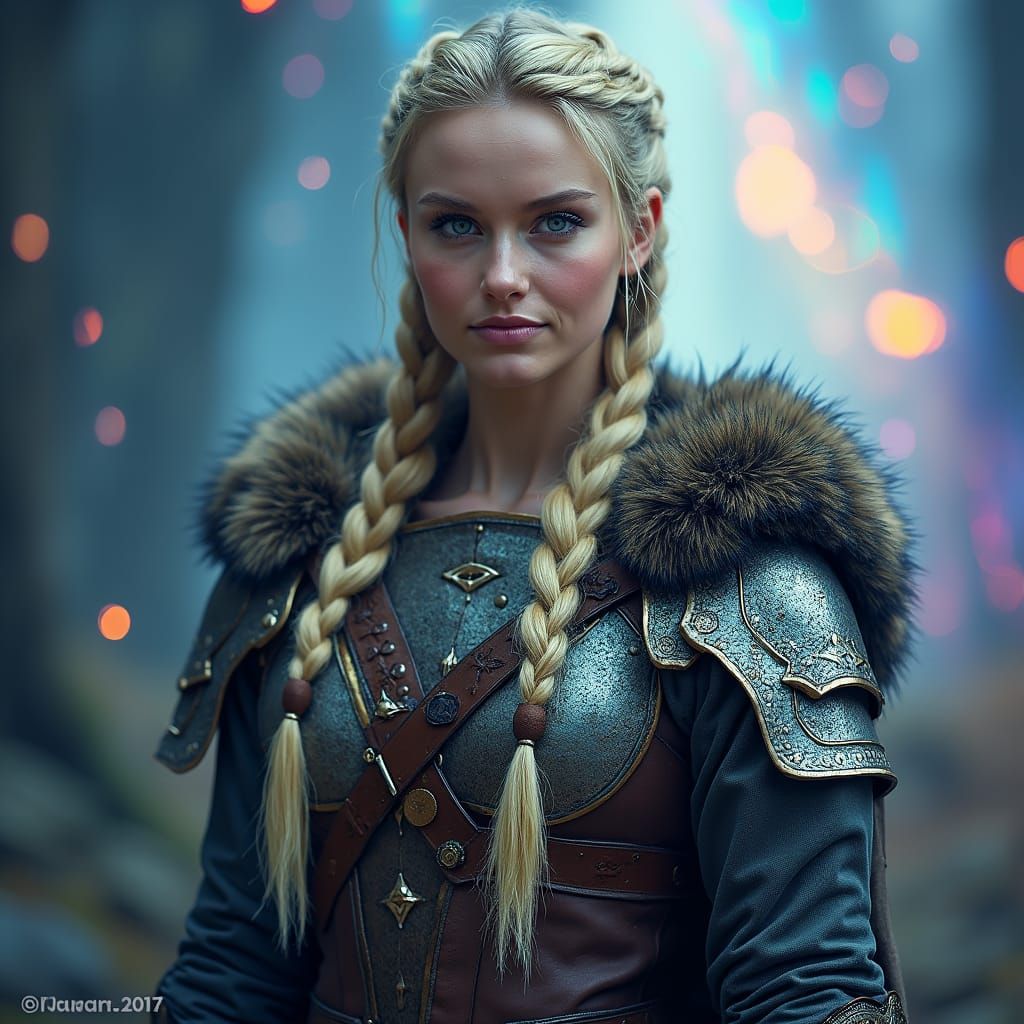 A fiercely proud Nordic girl stands, her presence exuding un...