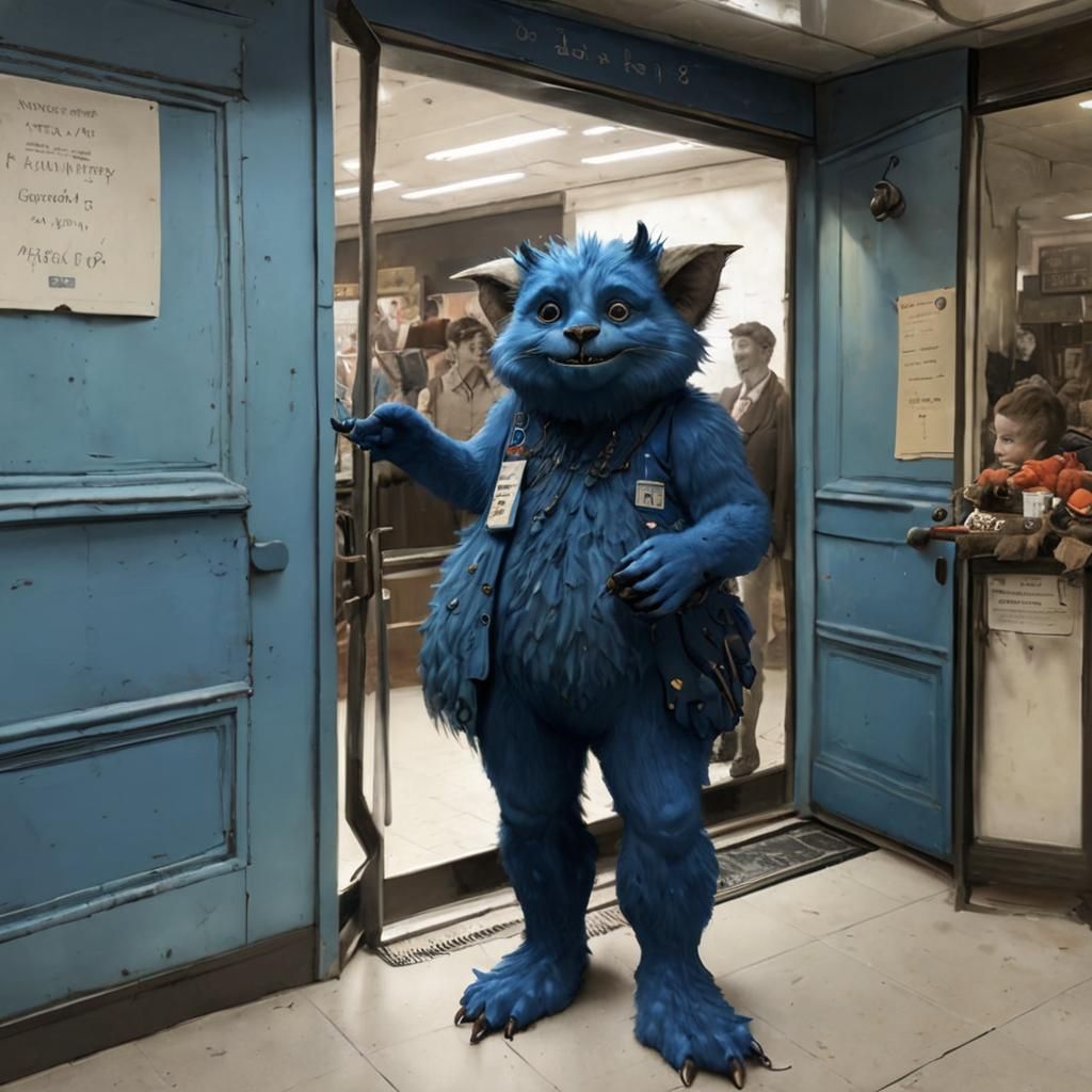 Friendly-looking blue furry surreal creature as a greeter wi...