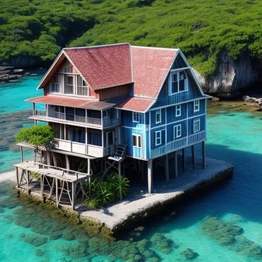 A multi-storey rickety old house on a tiny island in the mid...