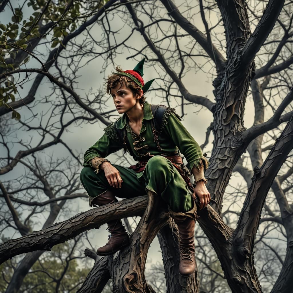 Evil Peter Pan on a Branch: Hyperrealistic Image