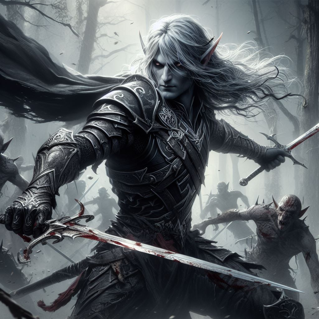 Dark Elf in Battle with Orcs