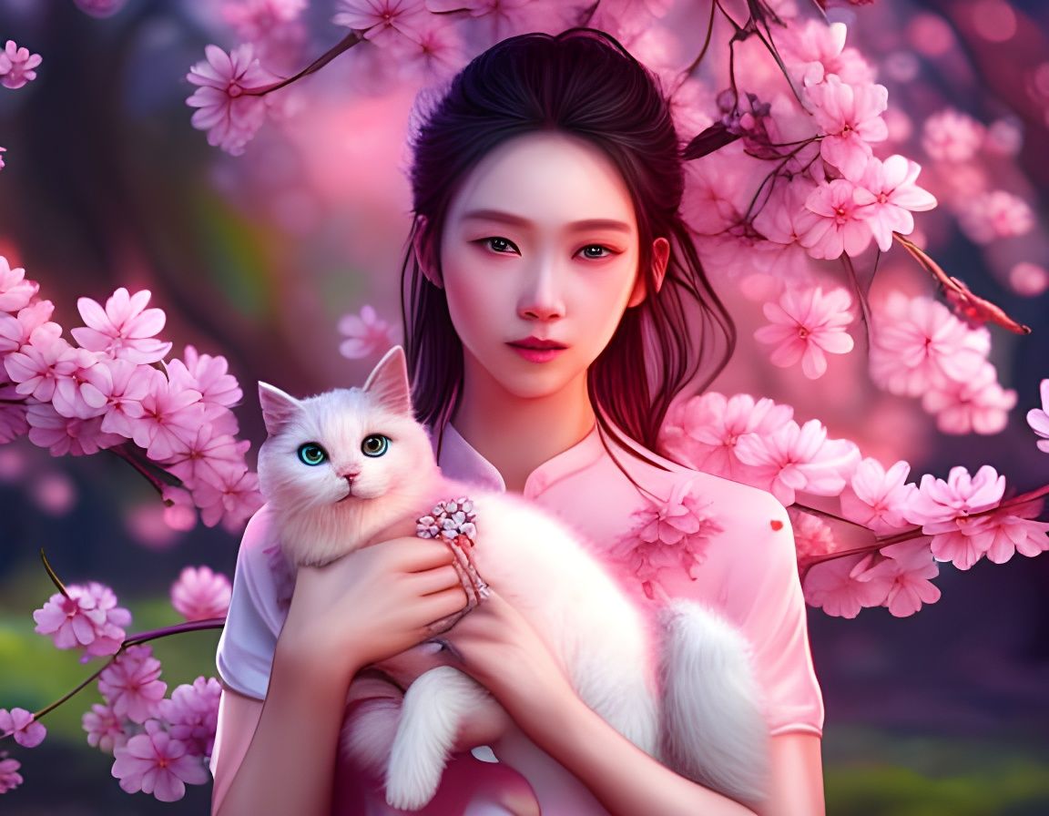 Cherry Blossom Girl with White Kitten   by @E_Williams