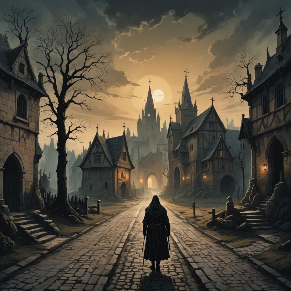 medieval crossroad, one path leading to soft light, the othe...