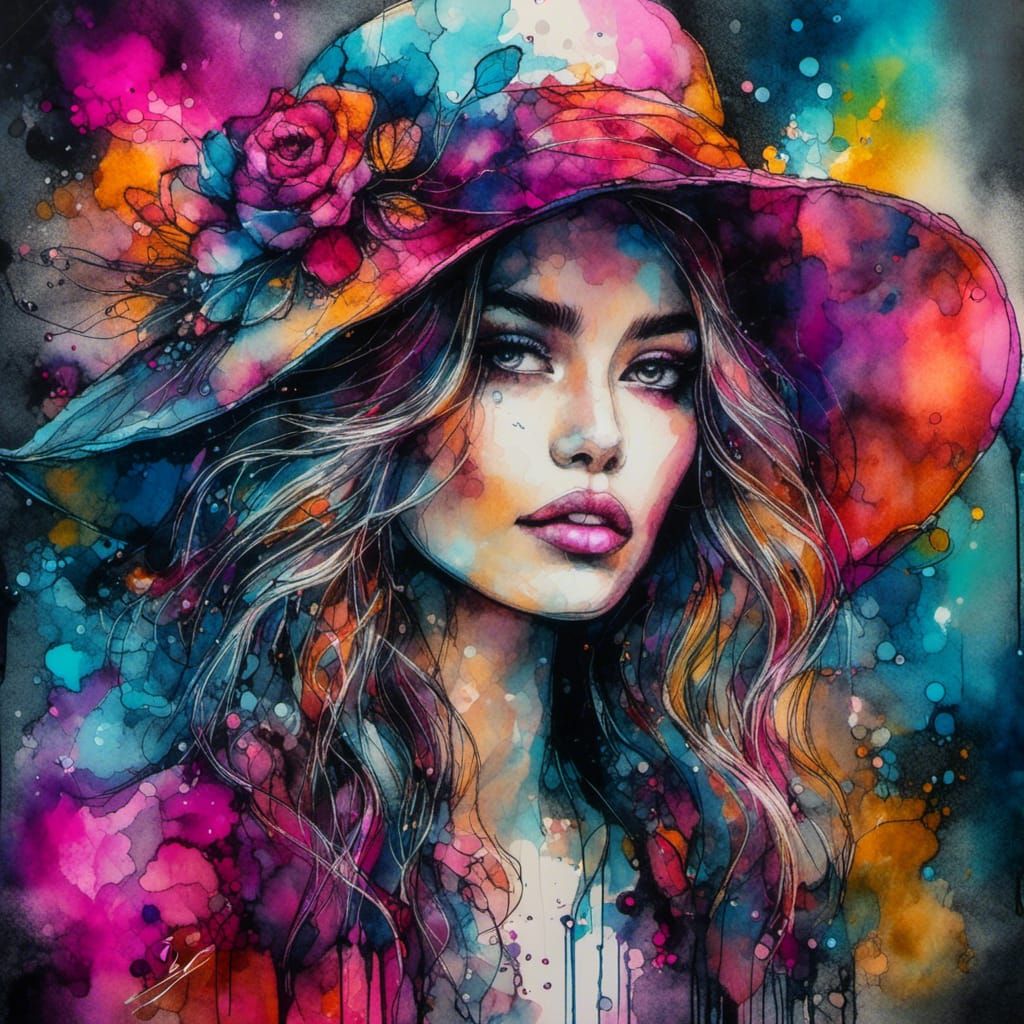 <lora:HRH-neonGrunge:1.0> neon grunge, abstract, alcohol inks, beautiful hyper detailed woman, bright, extravagant hat, colourful 
