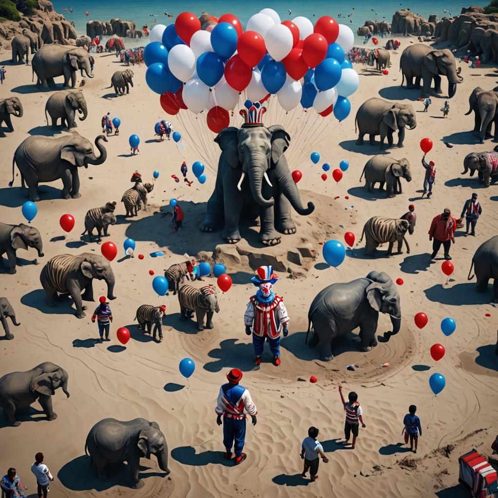 A bunch of red, white, blue balloons, and a clown standing o...