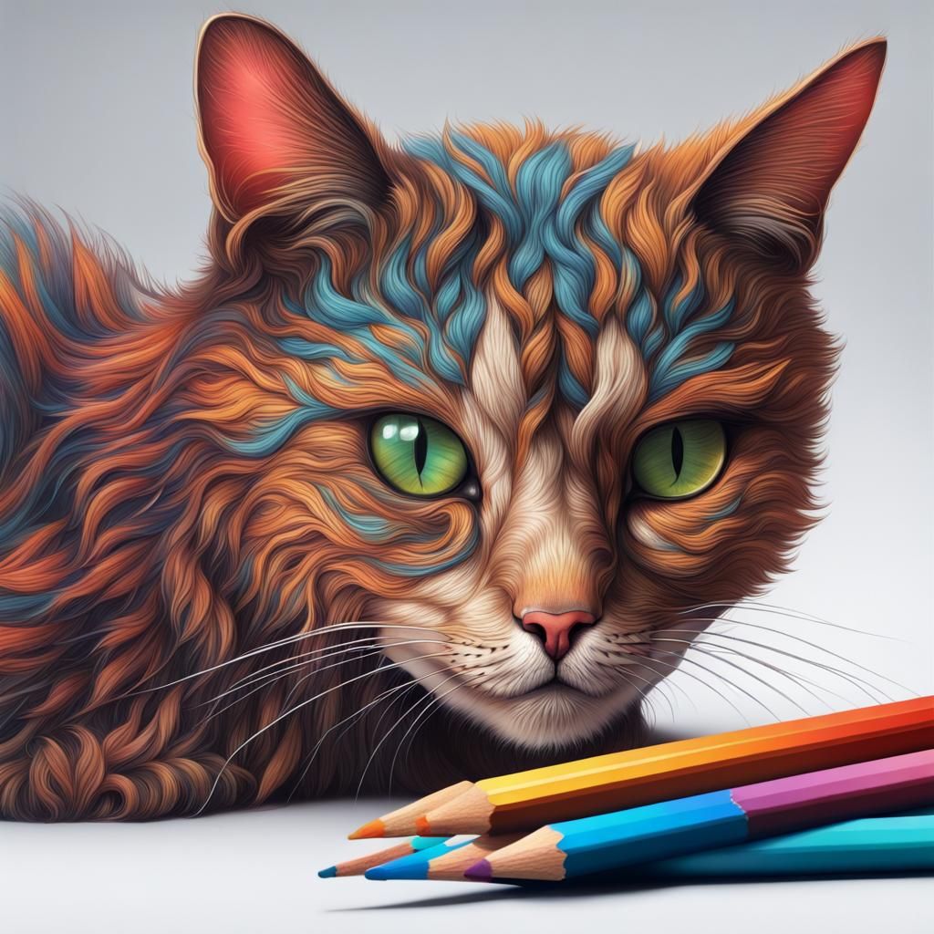 AI draw a picture of a cat with colored pencils.