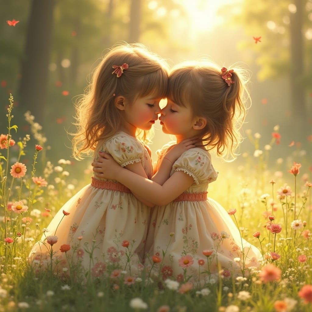 Sisters' Embrace: Whimsical Illustration in Warm Sunlight