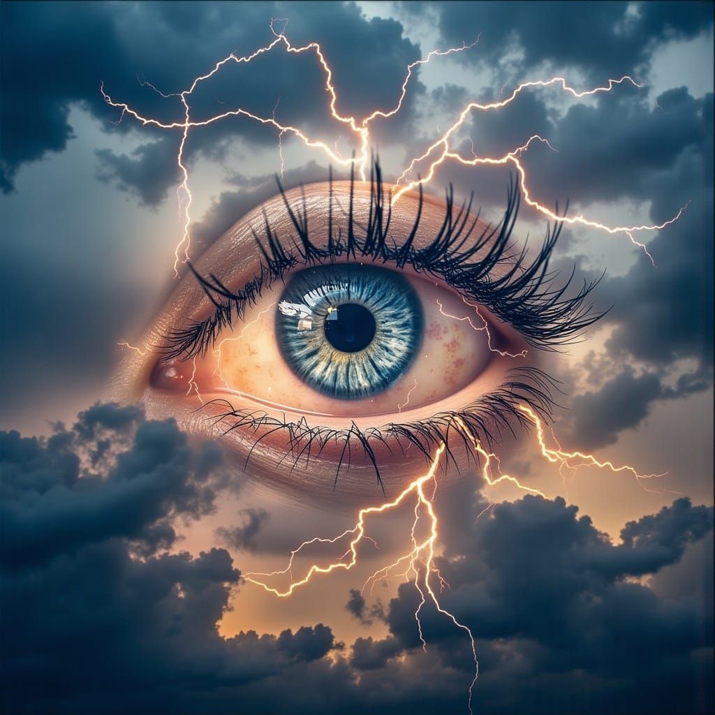 <lora:Surreal DE:1.0> Double exposure photography of an Eye in the Sky and a Lightning Storm, Double exposure surrealistic photography by A...
