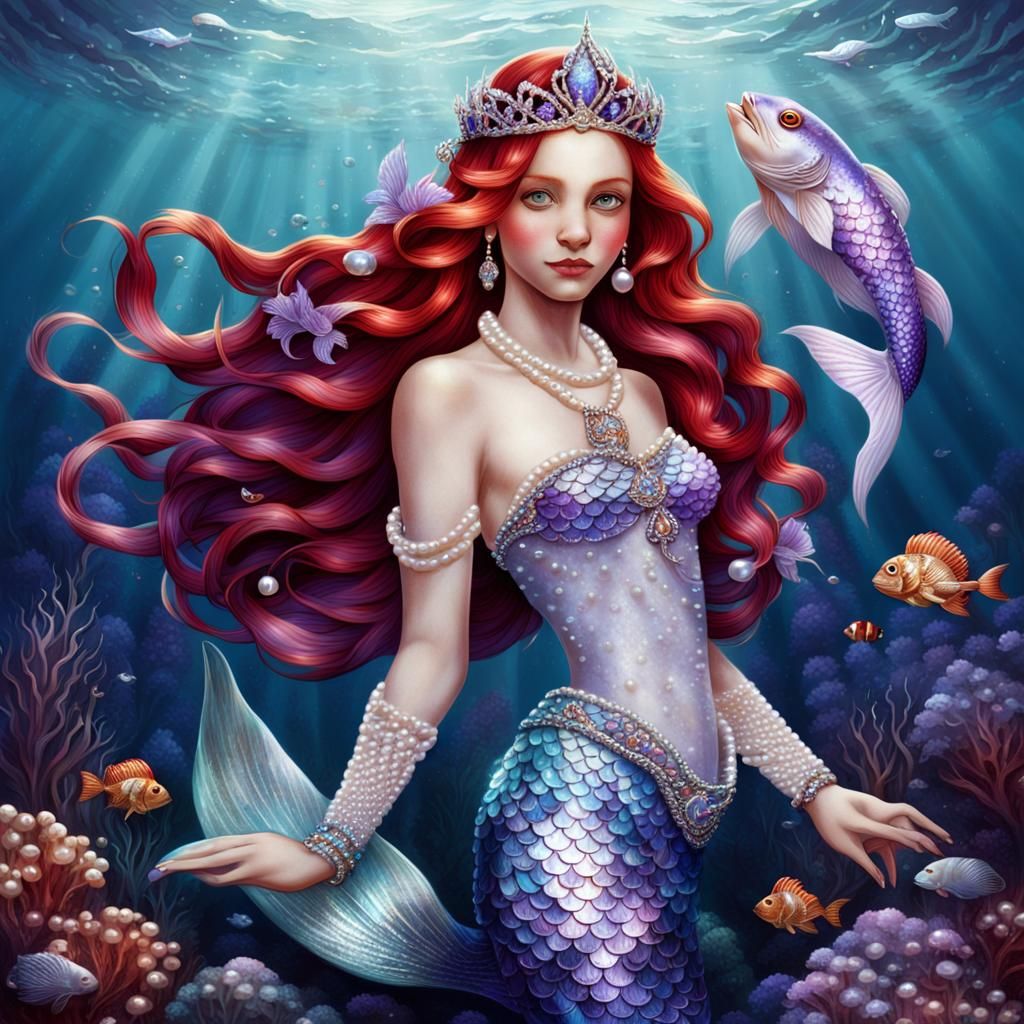 Beautiful Mermaid; She has the head and body of a woman and a fish's tail below the waist covered in beautiful shiny lavender and silver sca...