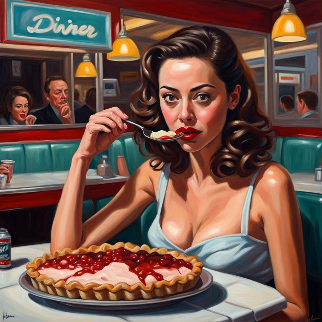 Aubrey eating pie in diner - AI Generated Artwork - NightCafe Creator