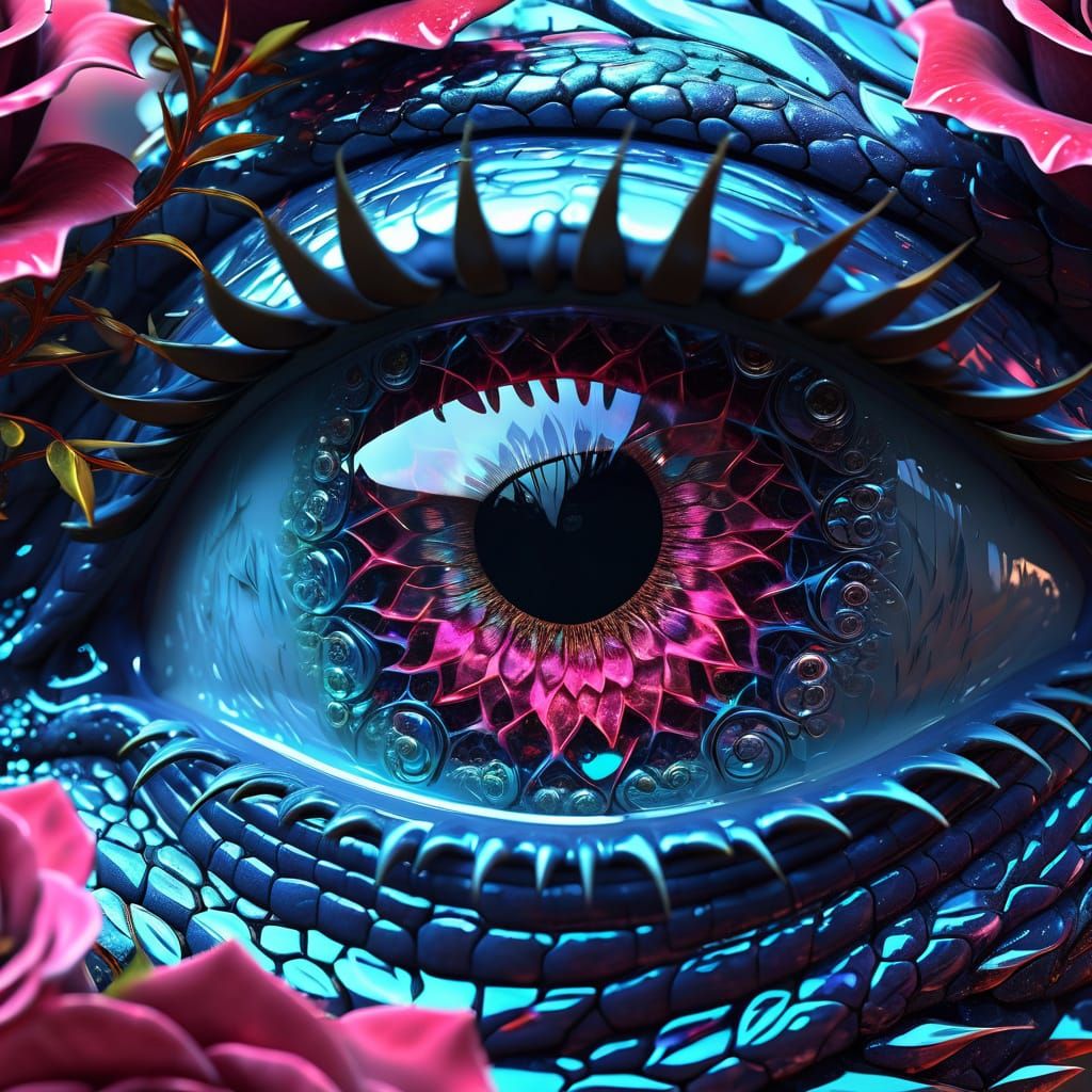 Flower Eye: Fractal 3D metallic beautiful realistic full dragon lovely eyes, pupils radiating light, ...  by @Dorian