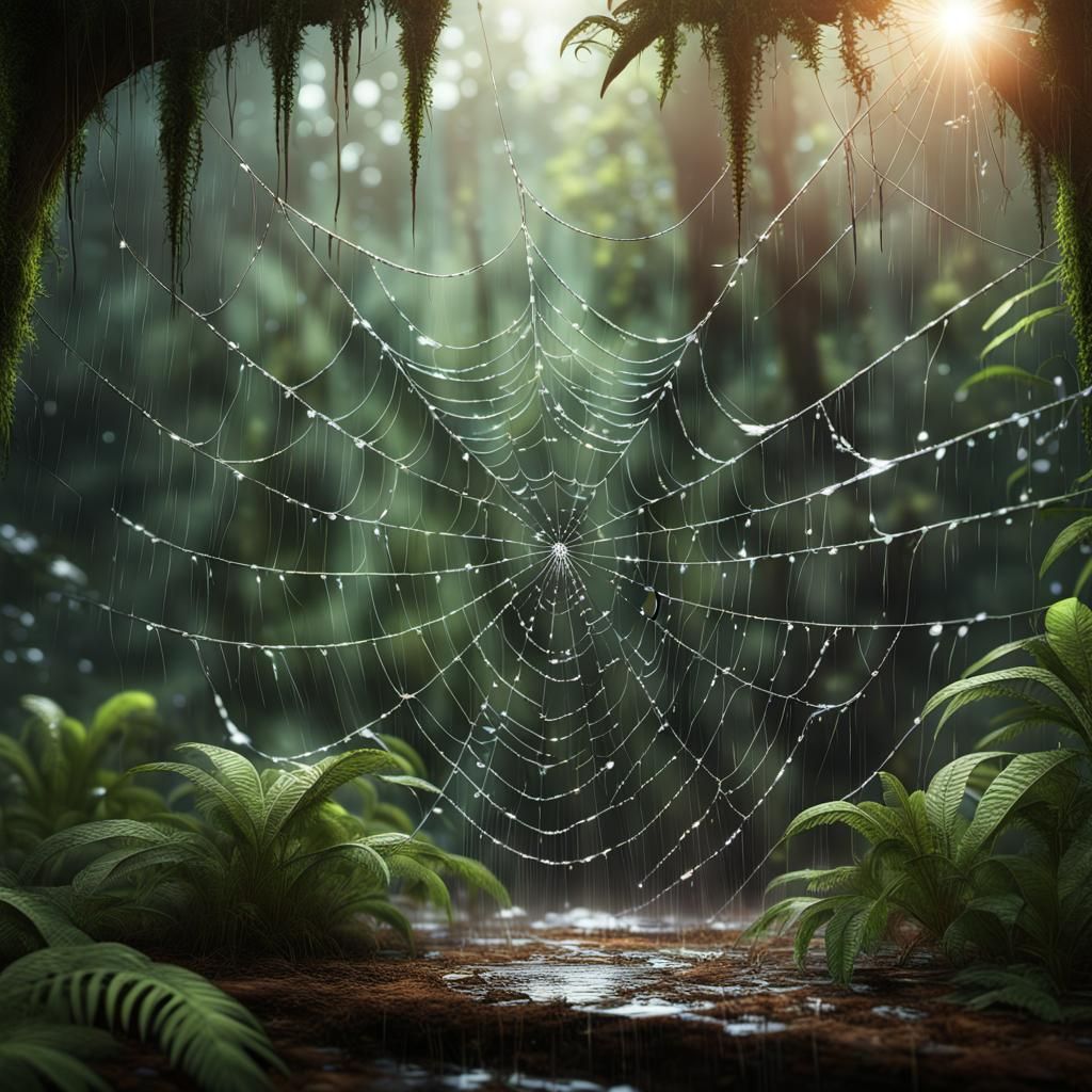spider web, rain forest in background, wet spider web, shining sun  by @tobi