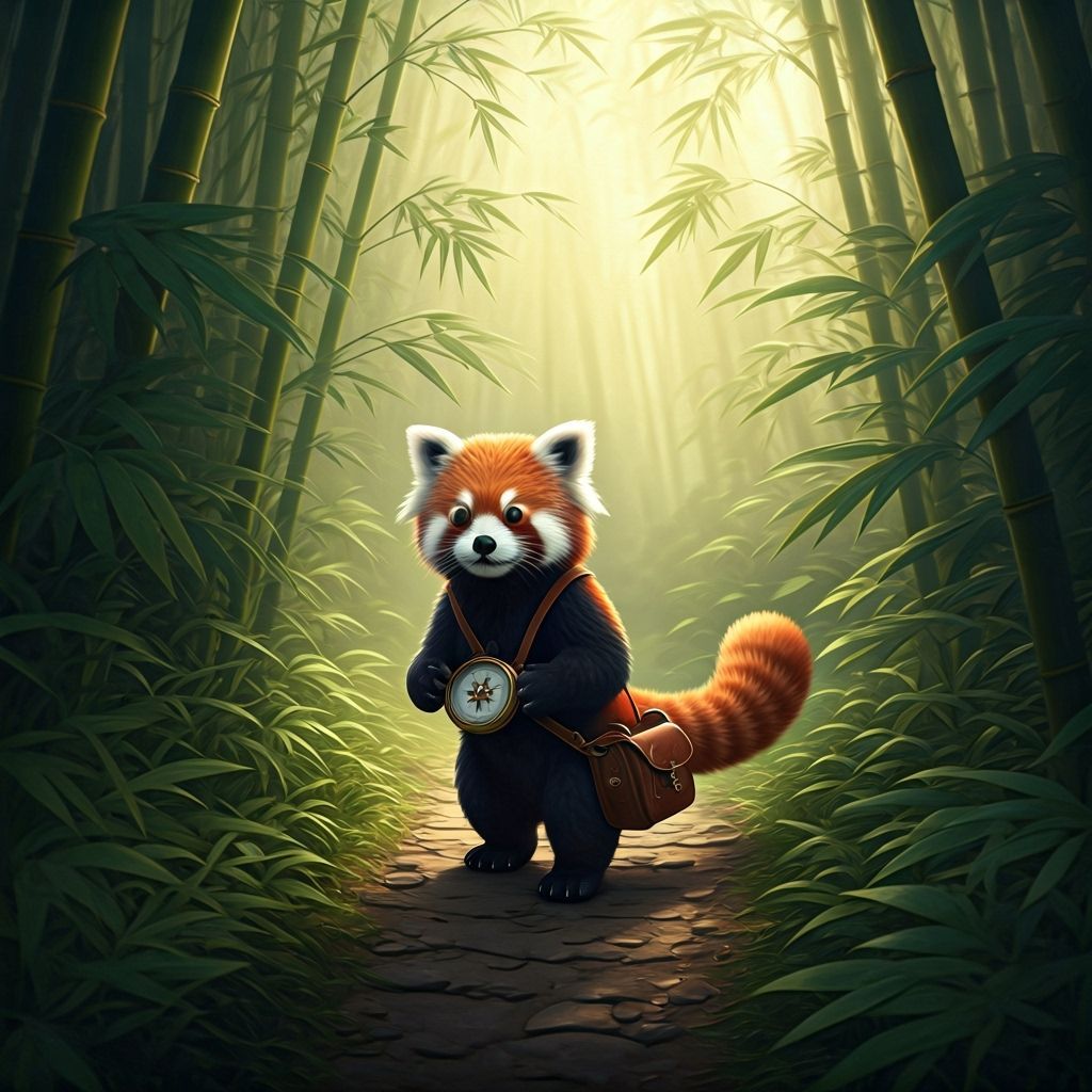 Childrens book illustration, A red panda explorer, equipped with a tiny brass compass and a worn leather satchel, navigates through a dense ...