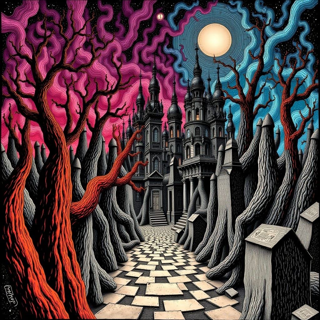 the Bright huge text "Poe Escher" appearing in the background of a <lora:Poe Escher:1.0> Vibrant colors and Ink, Graveyard Artscape inspired...