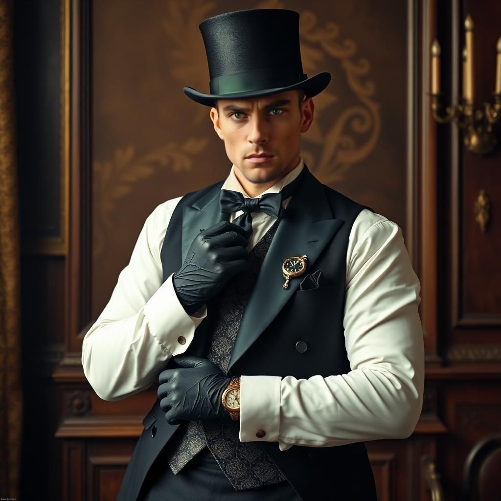 neo victorian dressed man, a gentleman, stylish; 
