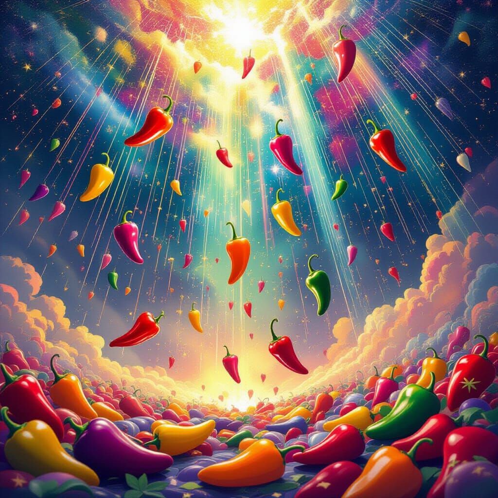 Vibrant Pepper Rain in Astral Cosmic Scene
