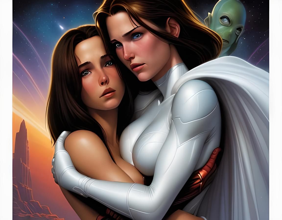 beauty brunette and white skinned alien lady hug
