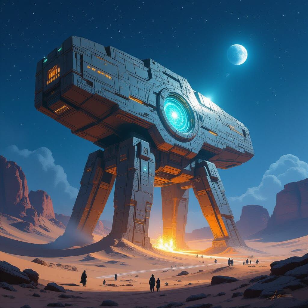 Masterpiece Monday. Epic fantasy concept art. A colossal ancient technology construct, half-buried in a starlit desert, hums with latent pow...