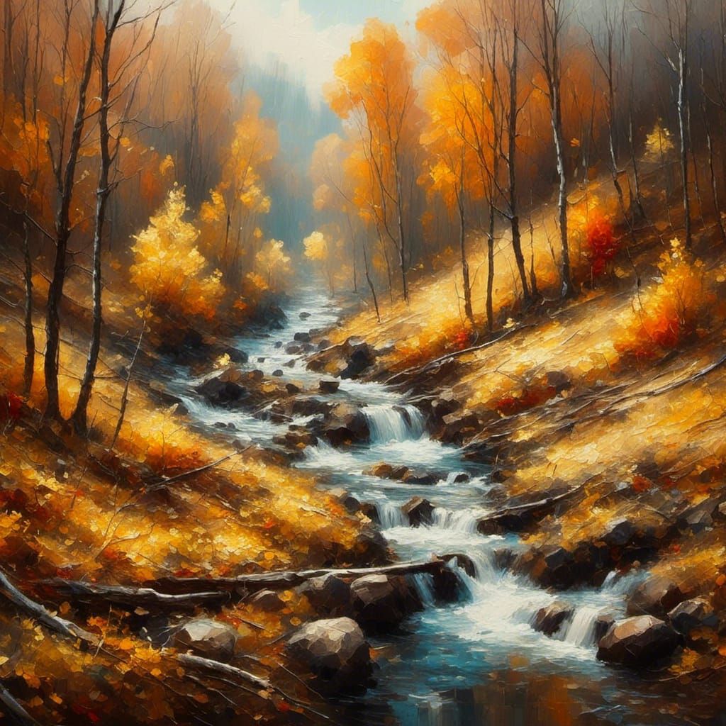 Hyperrealistic Fall Creek Oil Painting