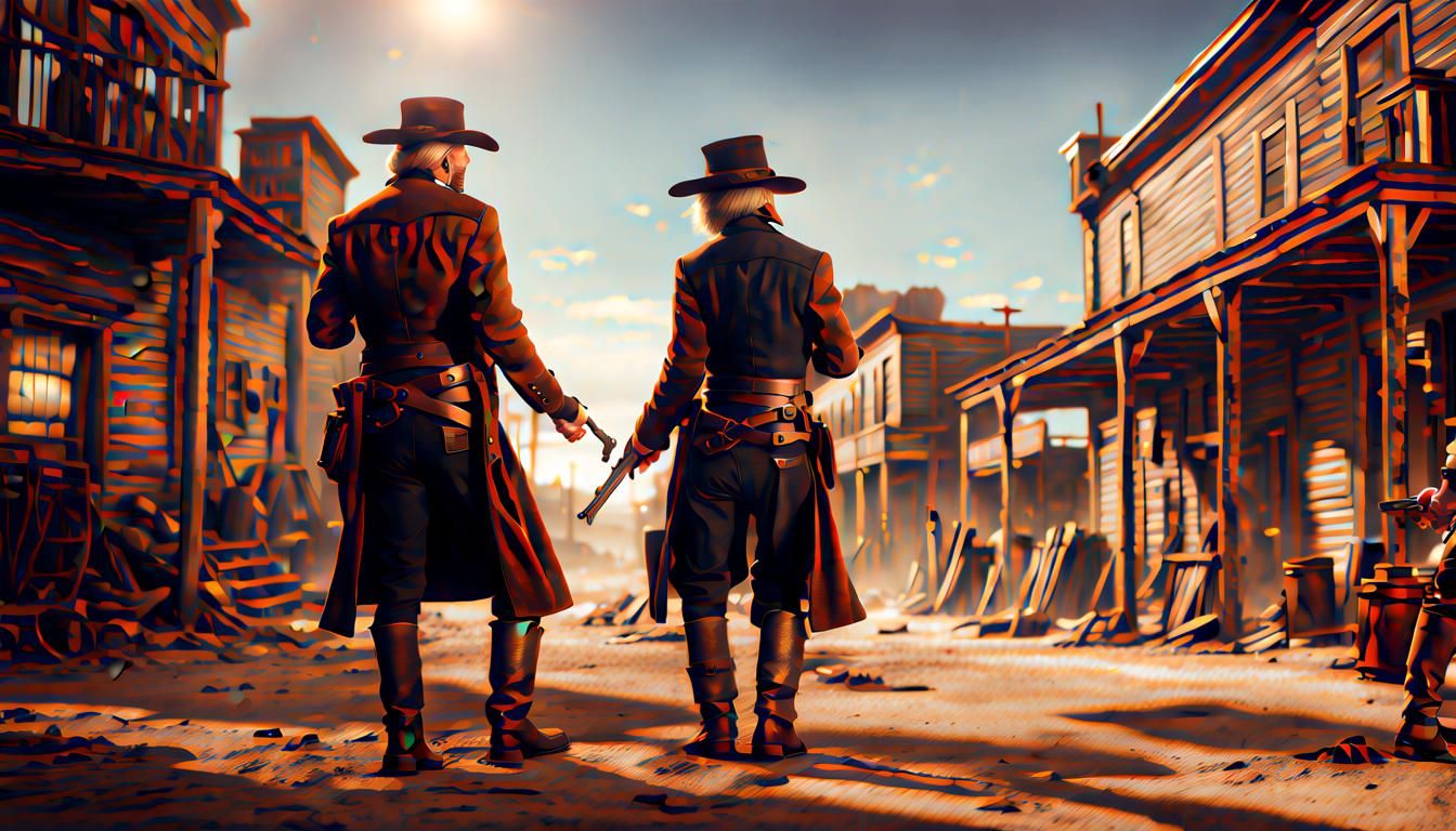 two old west gunslingers facing each other dueling in the streets of an ...