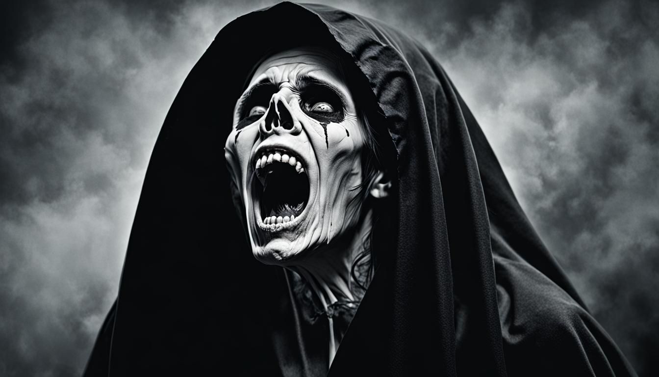 Shocked looking woman screams while dying, no color, grim re...