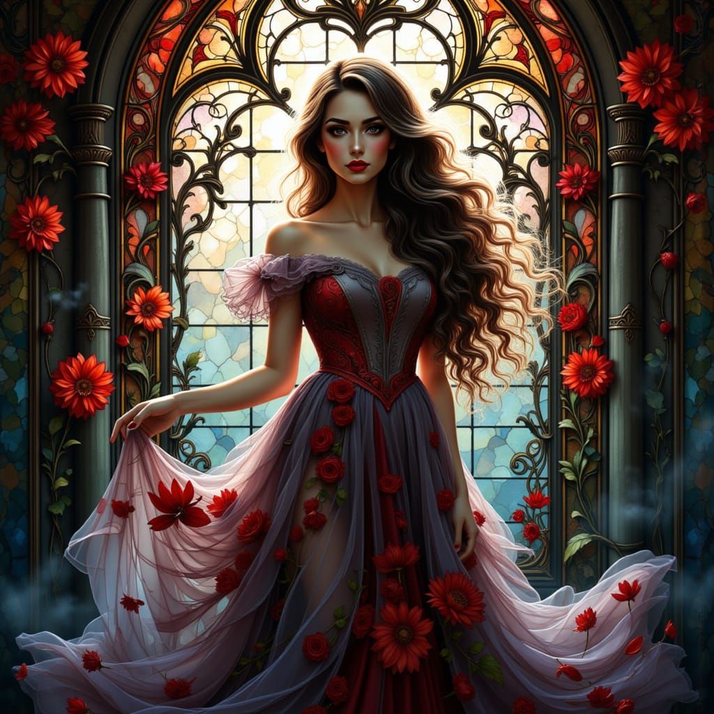 Ethereal Woman Before Stained Glass