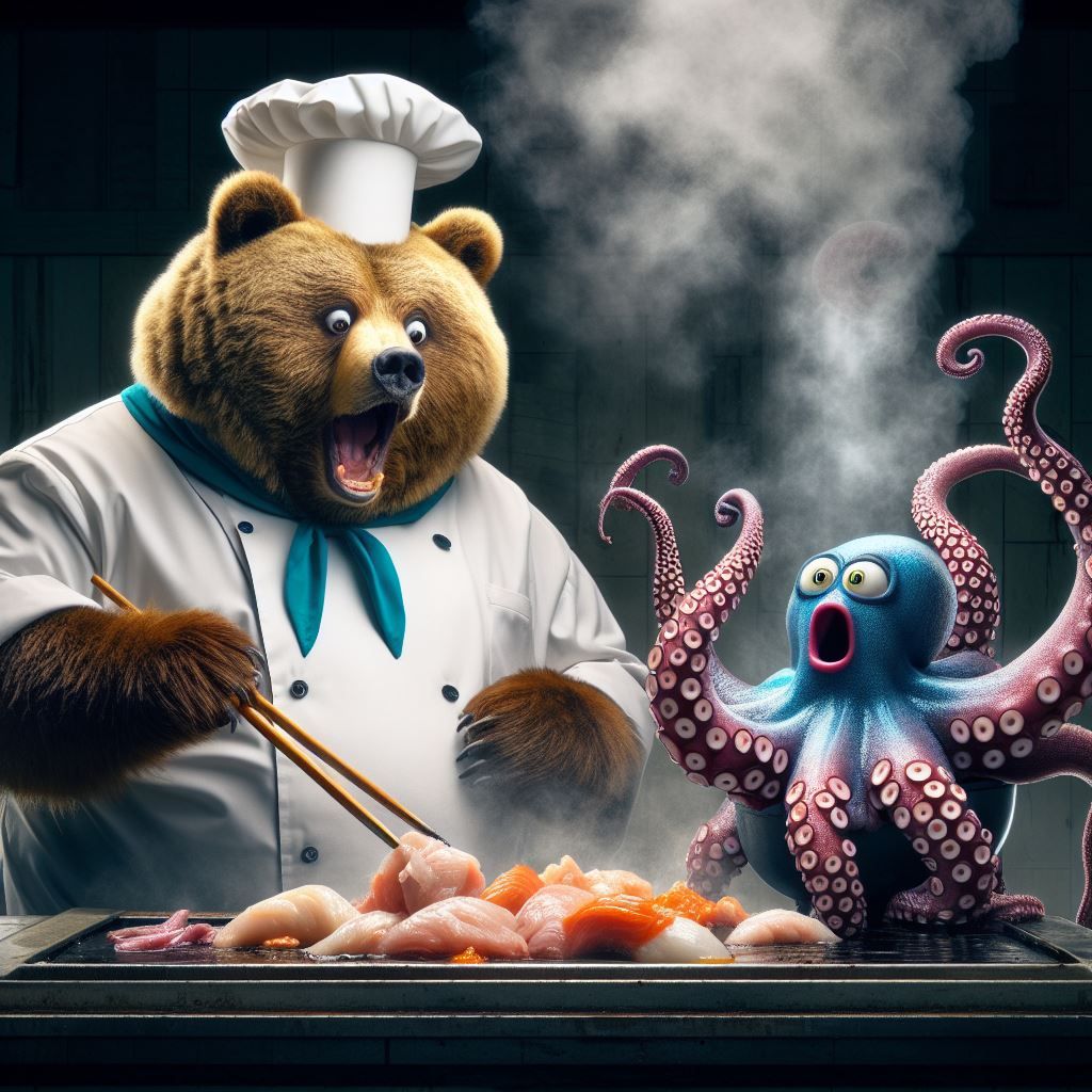 Master Bear Chef preparing a dish with living Octopus