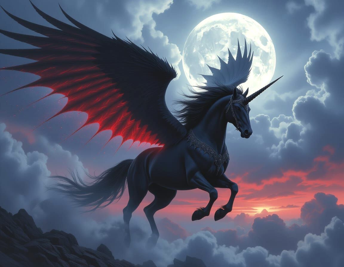 A dark-winged unicorn thunders across a storm-wracked twilight sky, its massive, shadowy wings trailing trails of black stardust. 1