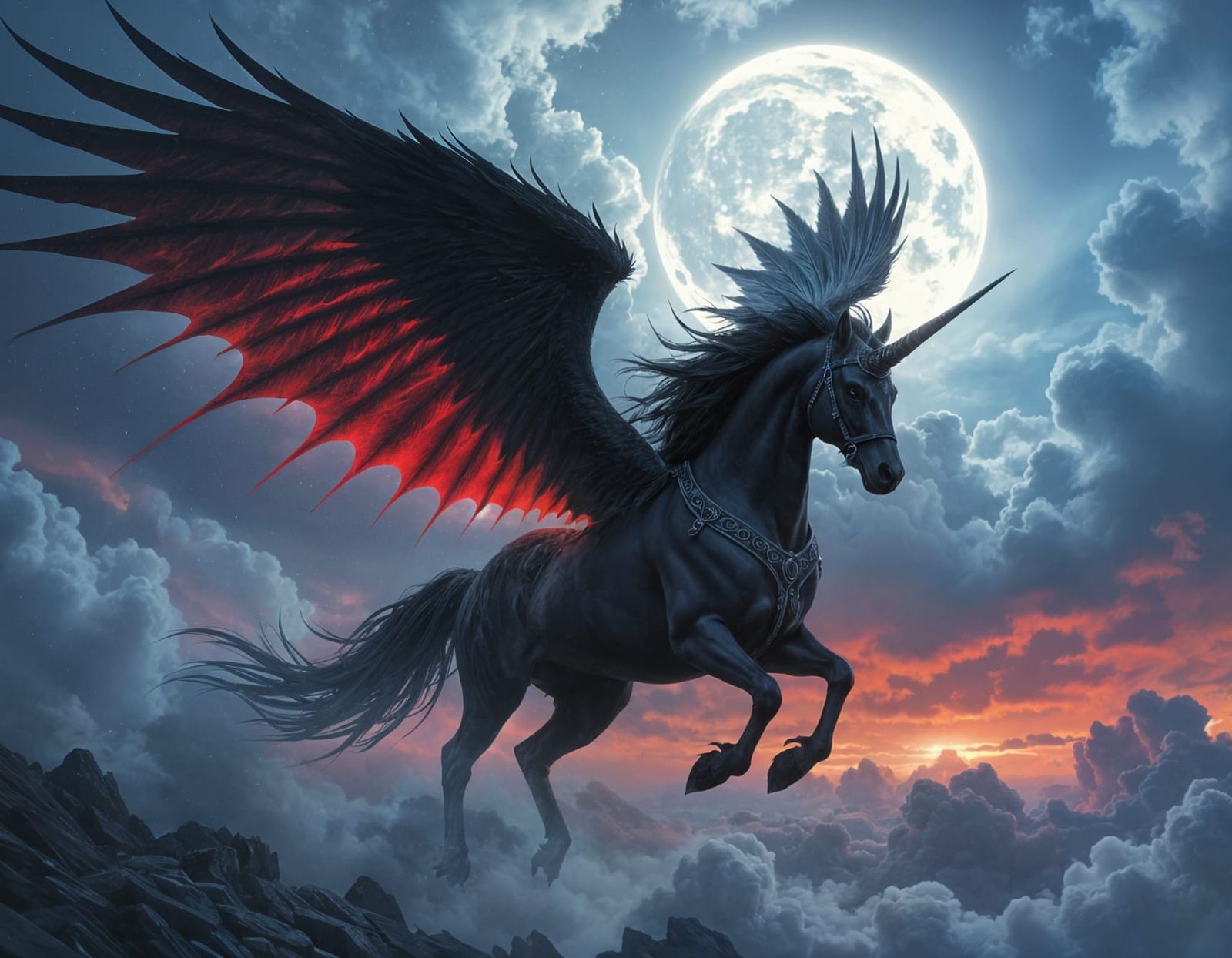 A dark-winged unicorn thunders across a storm-wracked twilight sky, its massive, shadowy wings trailing ...  by @Queen274