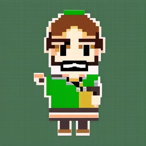 A pixelated villager in anime style with green robe and mous...